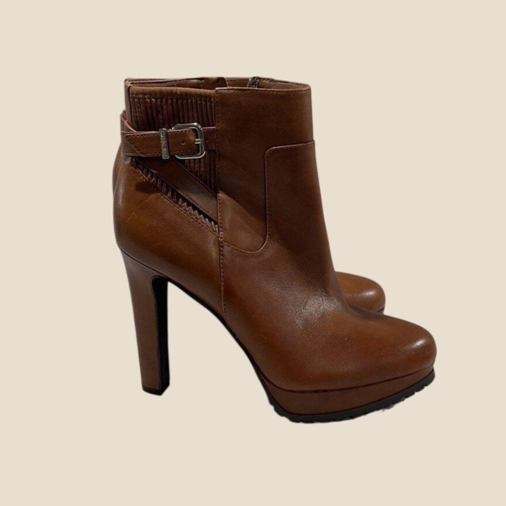 Gianni Bini Brown Leather Platform Ankle Boots Side Buckle Lug Sole Womens 9.5M